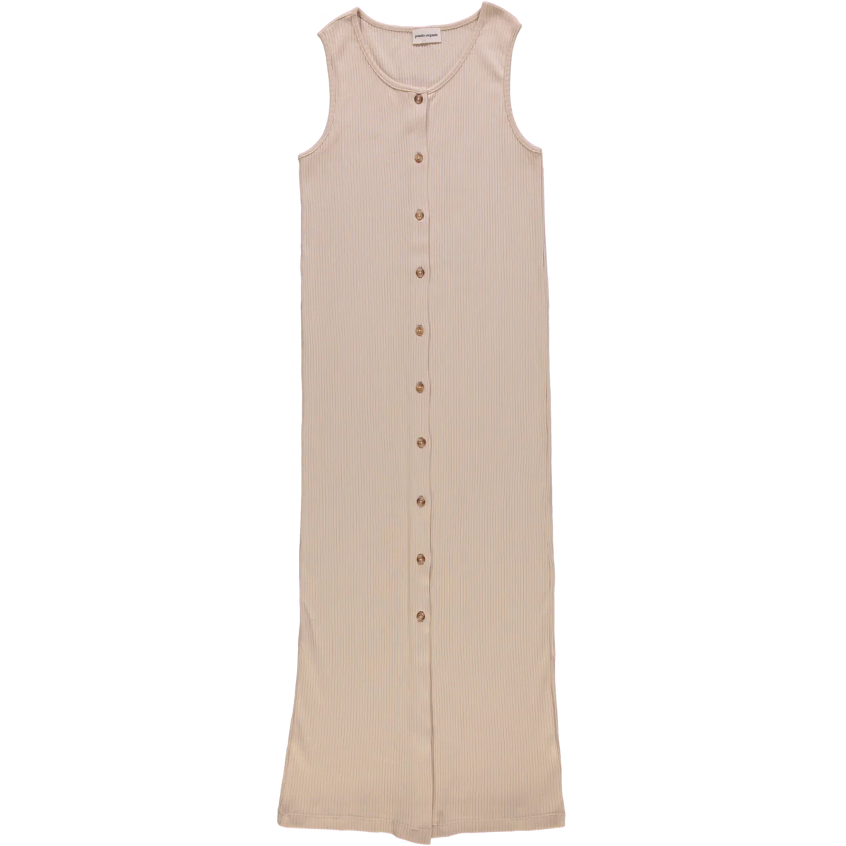 Robe longue sans manches. Ultra confortable et flatteuse pour la silhouette. Encolure ronde avec patte de boutonnage sur toute la longueur. Jersey côtelé : 100 % coton issu de l'agriculture biologique.
