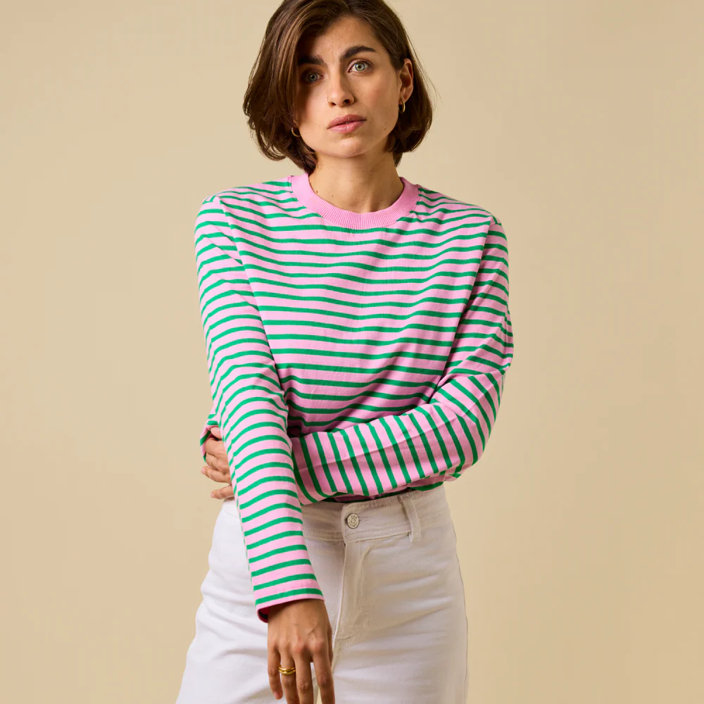 T-shirt à manches longues rayé rose/vert par Popeia